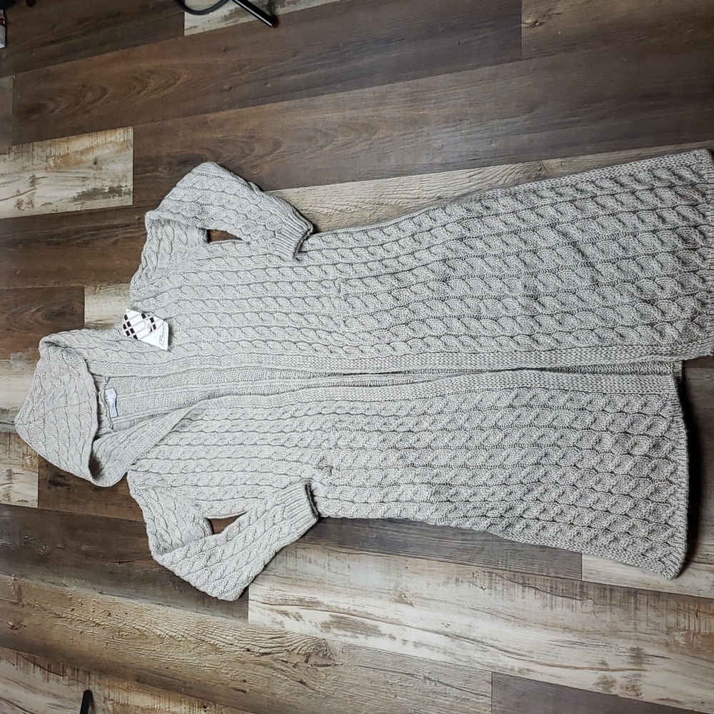 NWT Pearl Oatmeal Colored Hooded Wool Blend Duster W/ Pockets Size Small